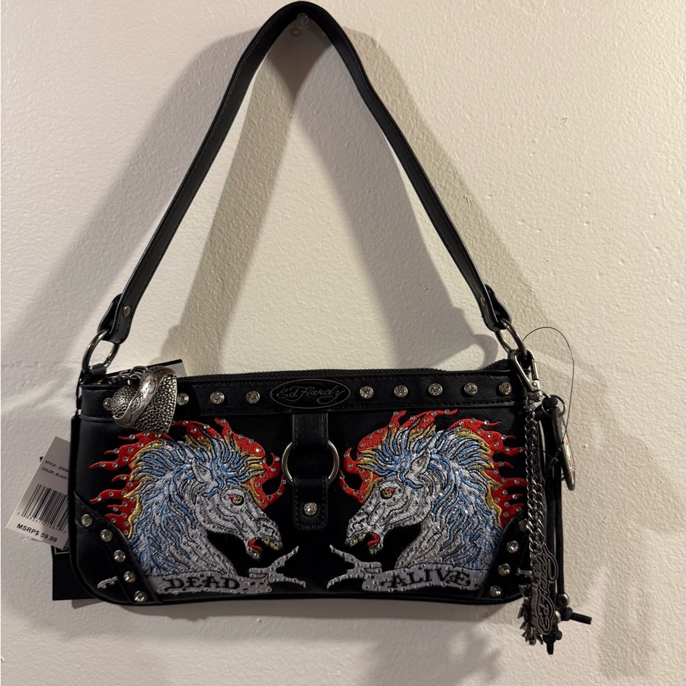 Ed Hardy black horse shoulder bag dead or alive rhinestone print  NWT